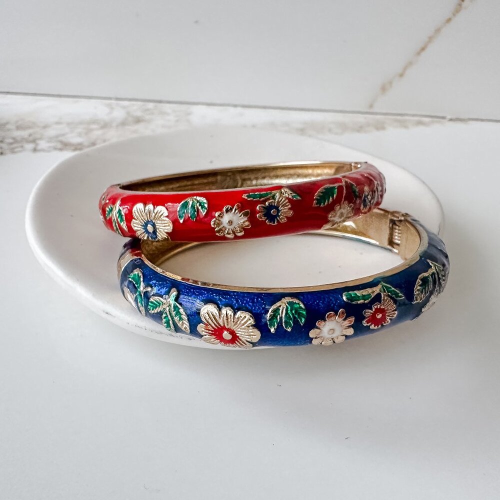 Vintage Chinese Enamel Floral Hinged Bangles – Red & Blue Pair